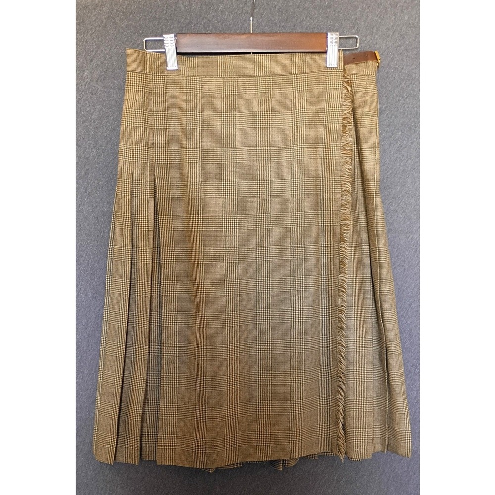 Vtg Lauren Ralph Lauren Tan Plaid 100% Wool Pleated Kilt Wrap Skirt Sz 8 Preppy